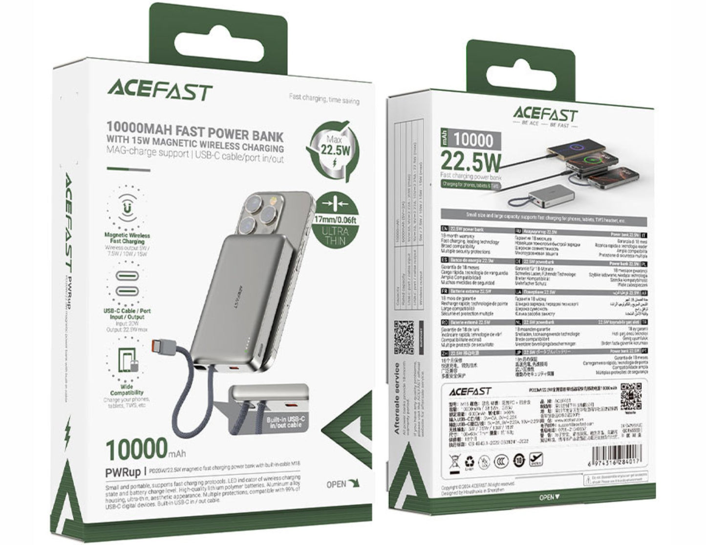 ACEFAST power bank packaging with specifications on a white background
