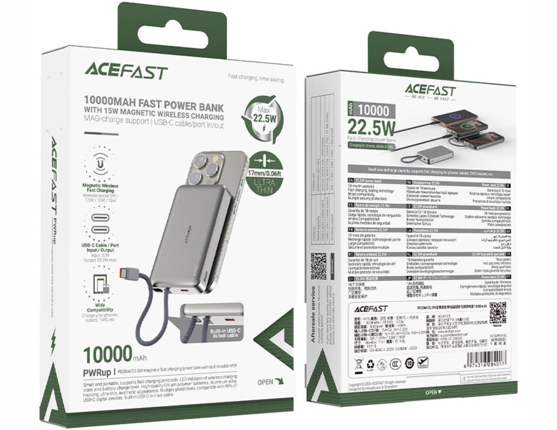 ACEFAST power bank packaging with specifications on a white background