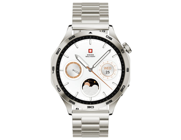 Silver watch with a detailed face on a white background