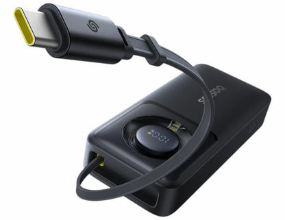Black electronic device with USB-C connector on a white background