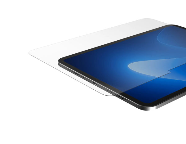 Tablet with a clear screen protector on a white background
