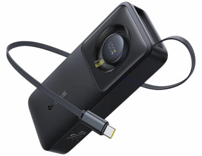 Black Power Bank with USB-C cable on a white background