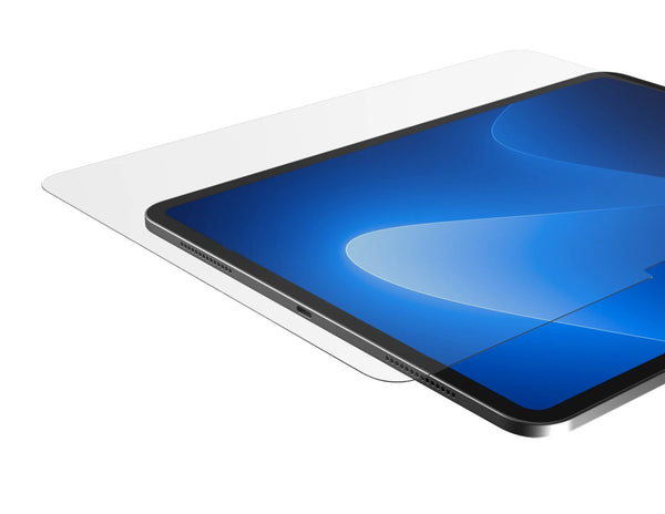 Tablet with a clear screen protector on a white background