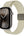 An Apple Watch with a beige braided nylon loop band and a silver metal clasp, showcasing the watch face and the texture of the band.