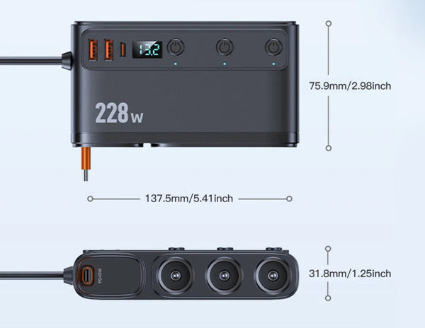 Power adapter with USB-C and multiple sockets, showing specifications on a light gray background.