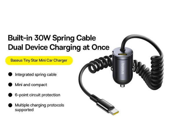 Baseus Tiny Star Mini Car Charger with coiled cable on a white background