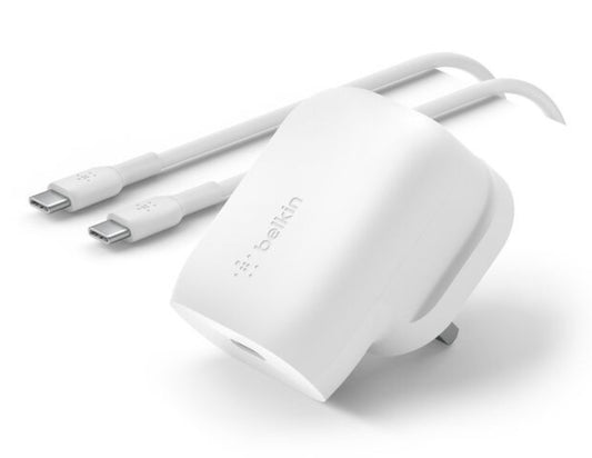 White Belkin BoostCharge Wall Charger 30W PPS + USB-C to USB-C Cable 1m – WCA005my1MWH-B6 on a white background
