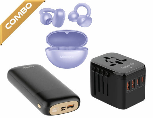 Moxedo Ultimate Travel Tech Bundle – Open Ear Earbuds + 20W Global Adapter + 20,000mAh Power Bank