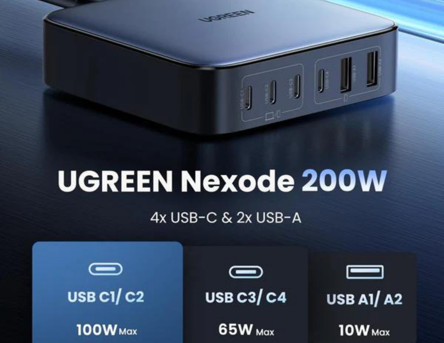 UGREEN - شاحن Nexode USB C GaN بقوة 200 واط - شاحن سطح المكتب مزود بـ 6 منافذ