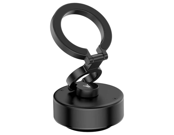 Black metal stand with circular base on a white background