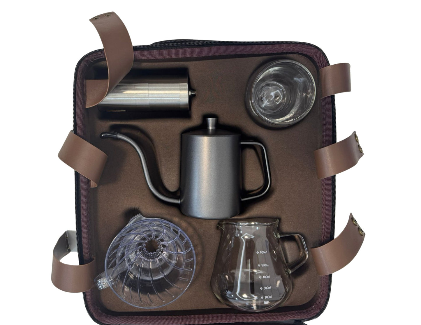 V60 Travel Coffee Set TS05 in a brown carrying case on a white background