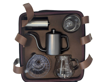 V60 Travel Coffee Set TS05 in a brown carrying case on a white background