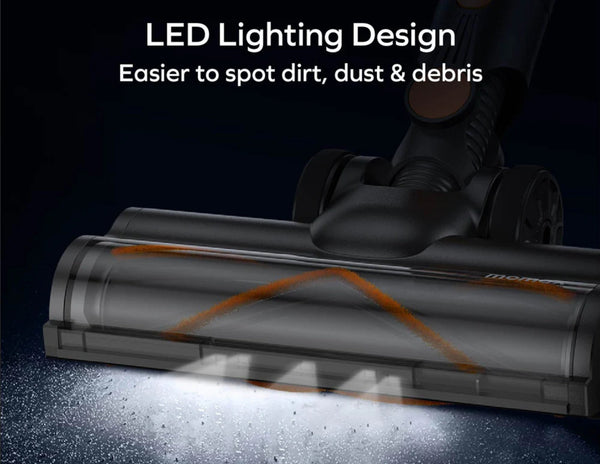 Vacuum cleaner with LED lighting design on a dark background.
