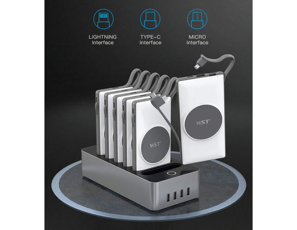 Multi-device charging station with interfaces on a dark background