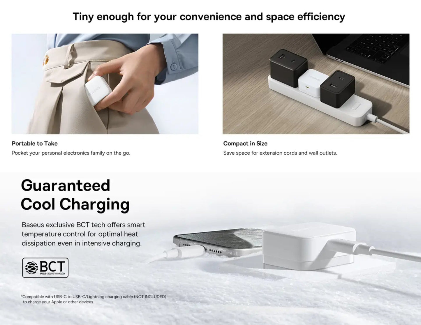Advertisement for electronic charging devices with text highlighting convenience, space efficiency, and cooling features.