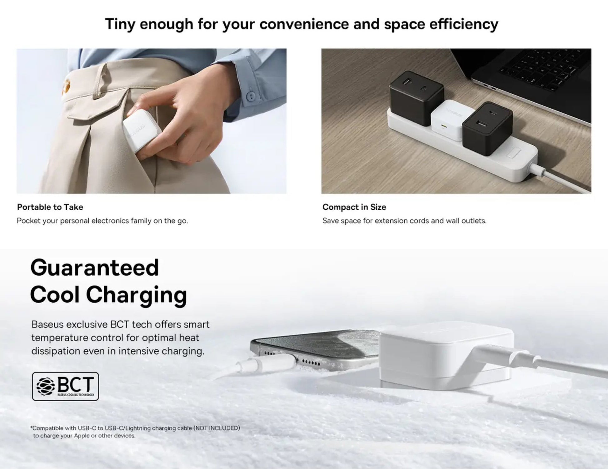 Advertisement for electronic charging devices with text highlighting convenience, space efficiency, and cooling features.