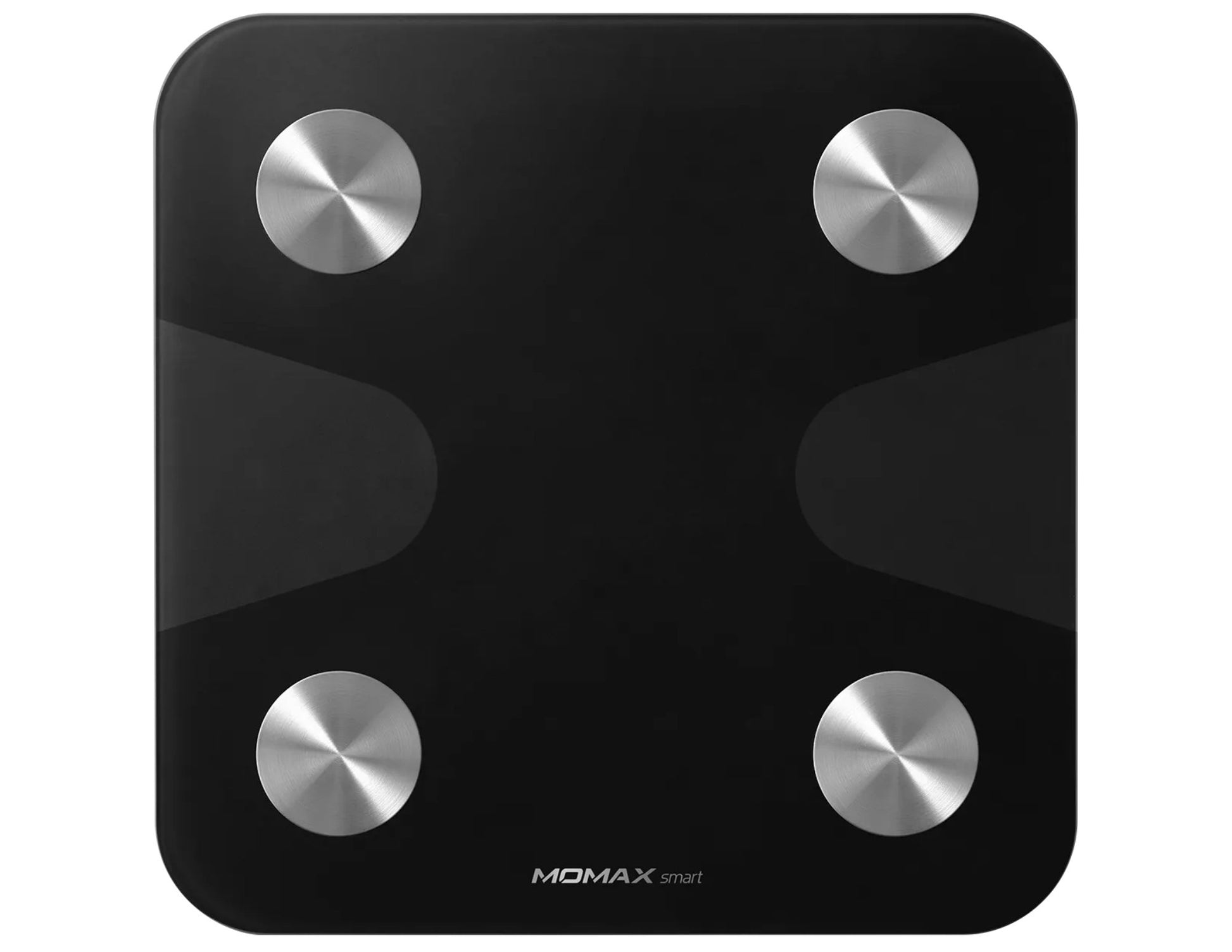 Black digital bathroom scale with silver measurement buttons on a white background