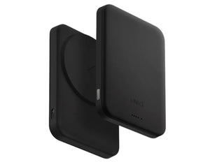 Black wireless charging pad with 'UNIQ' branding on a white background