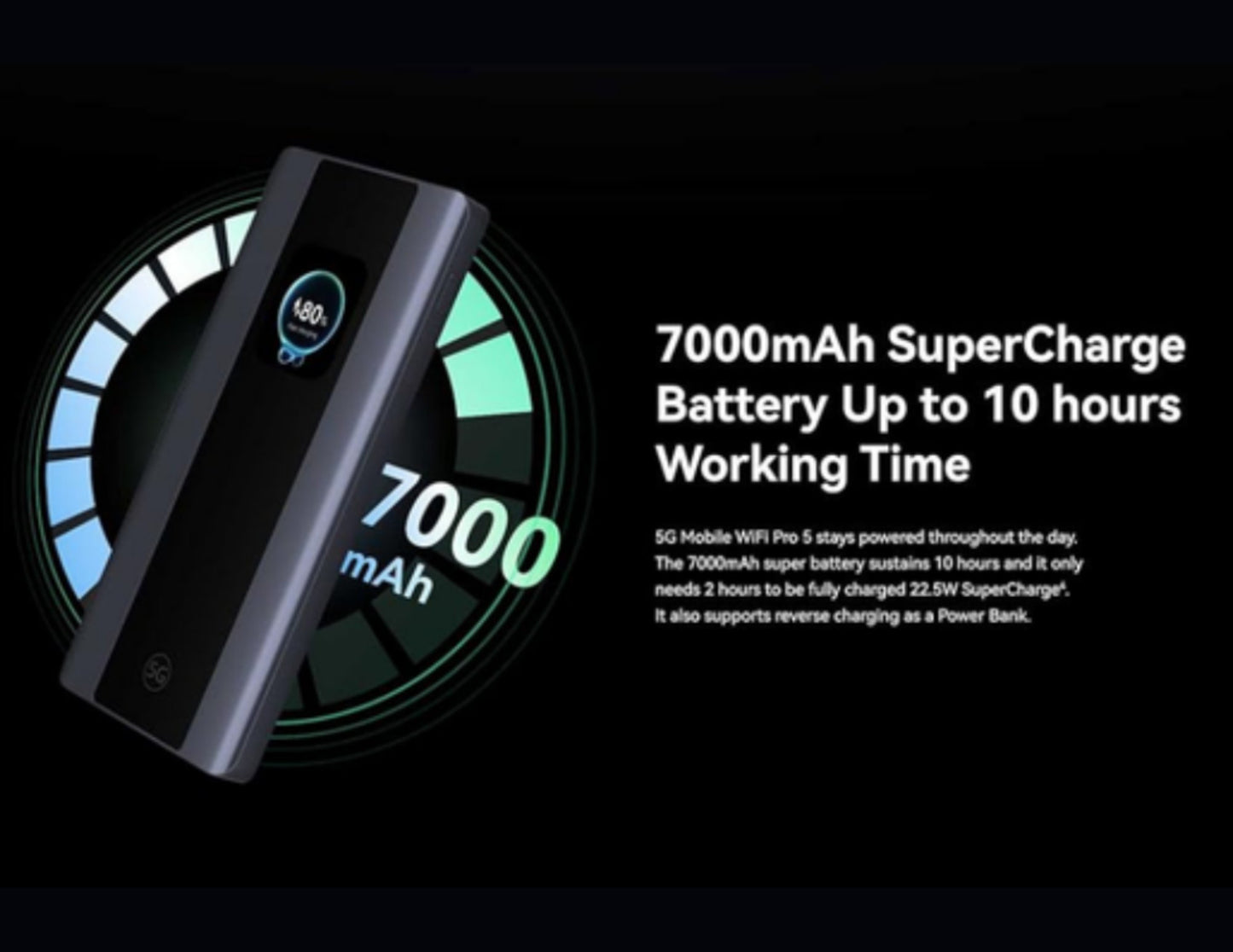 Power bank with 7000mAh capacity and charging information on a black background