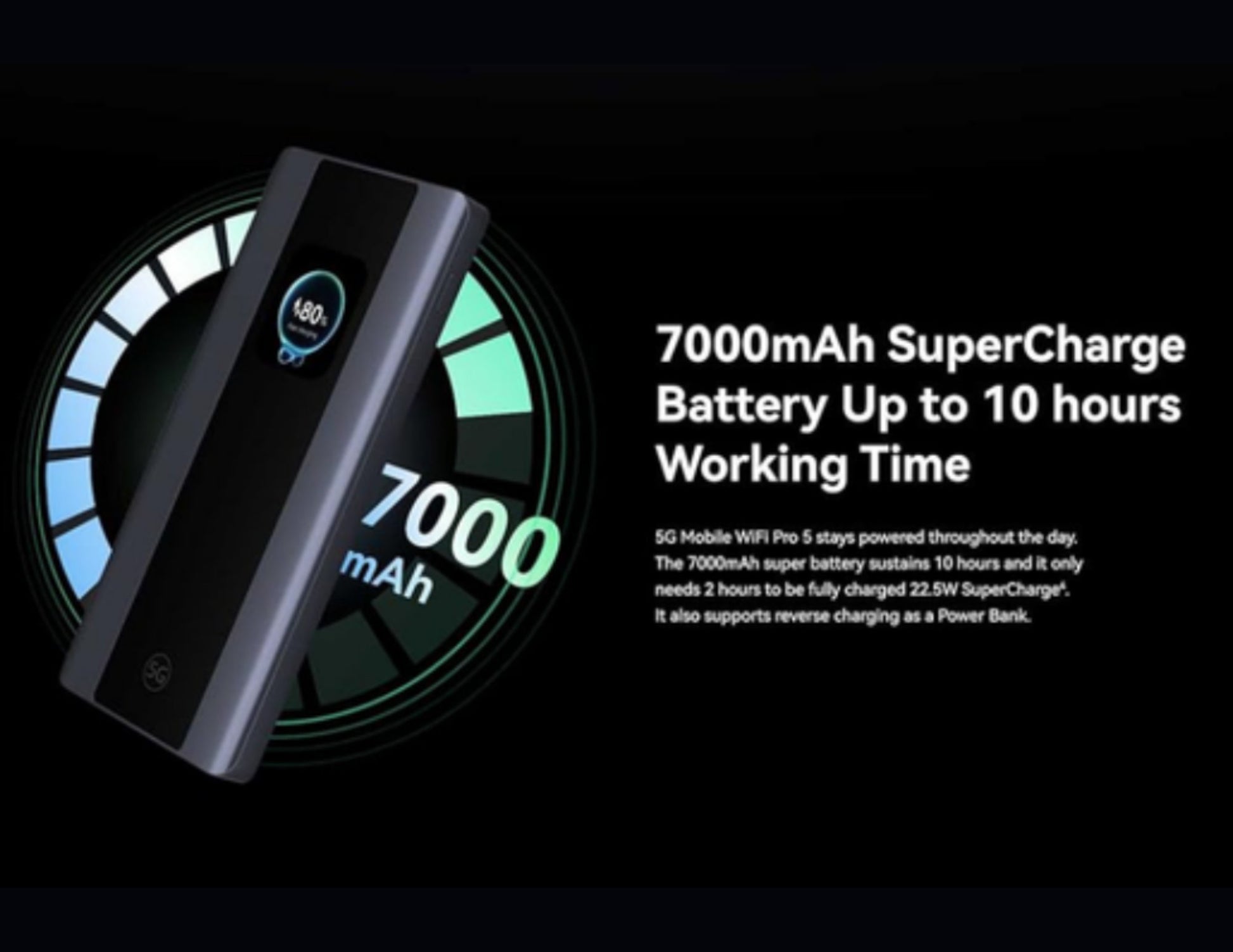 Power bank with 7000mAh capacity and charging information on a black background