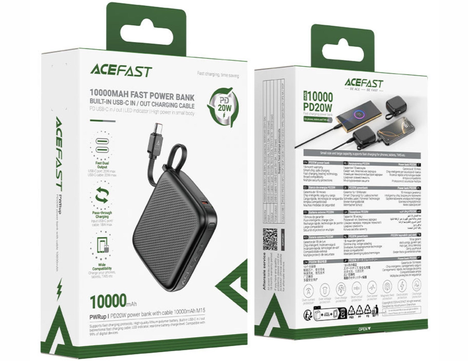 Acefast power bank packaging with detailed specifications on a white background