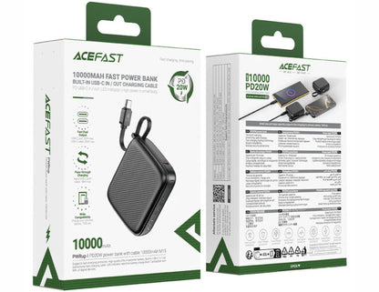 Acefast power bank packaging with detailed specifications on a white background