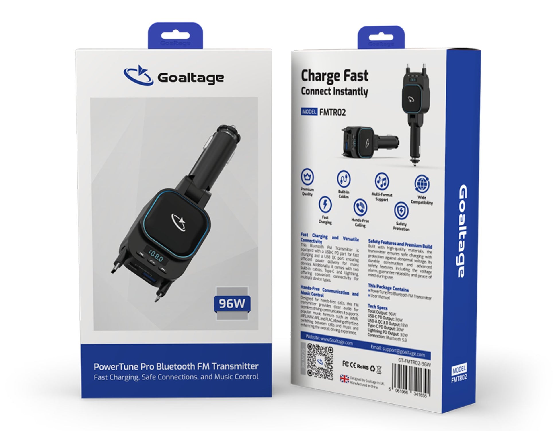 Goaltage Bluetooth FM transmitter packaging with front and back views on a white background