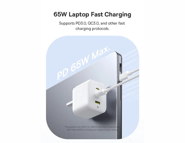 65W laptop fast charging adapter with cable on a light gray background