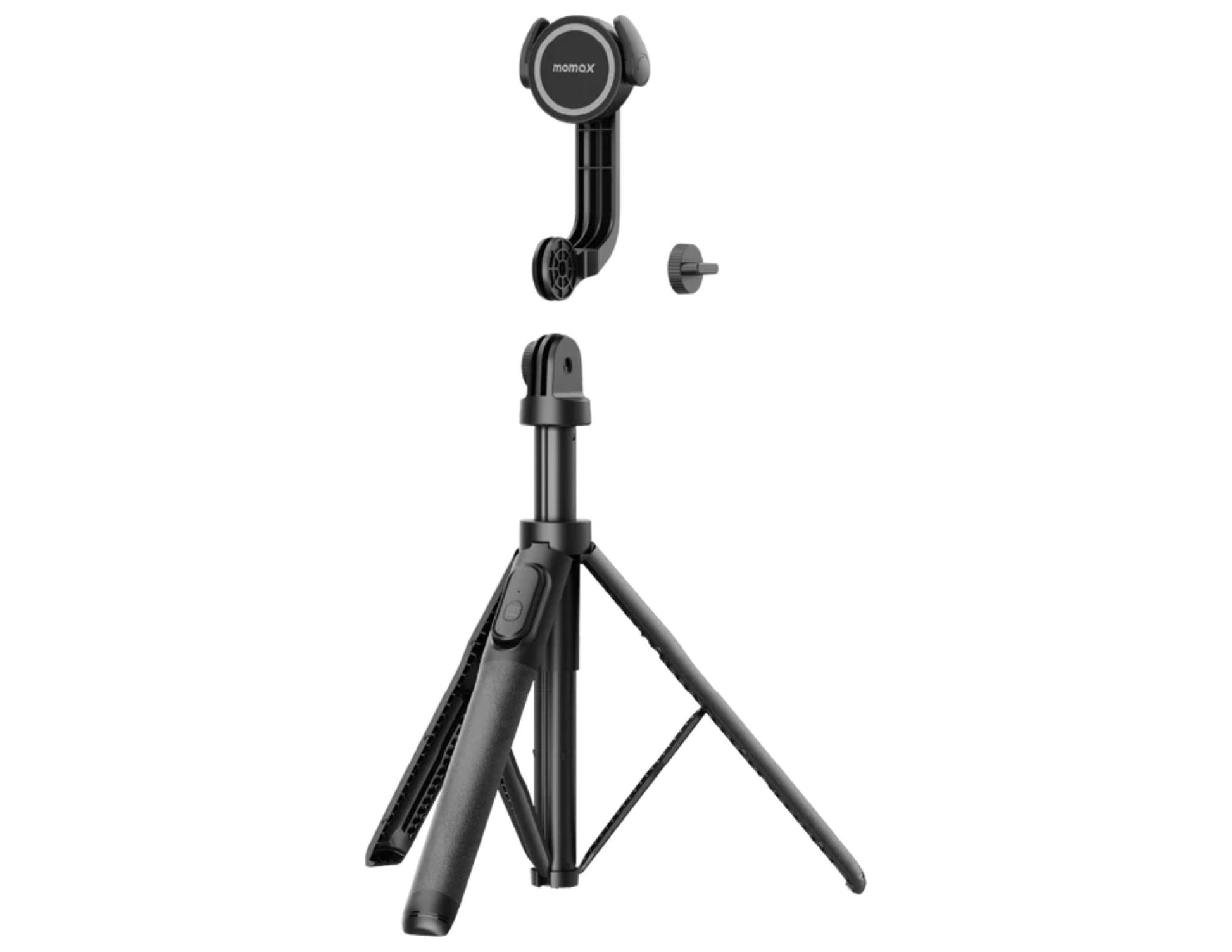 Black Momax 1-Snap Pole Magnetic Tripod Selfie Stick with Wireless Remote – KM17D on a white background