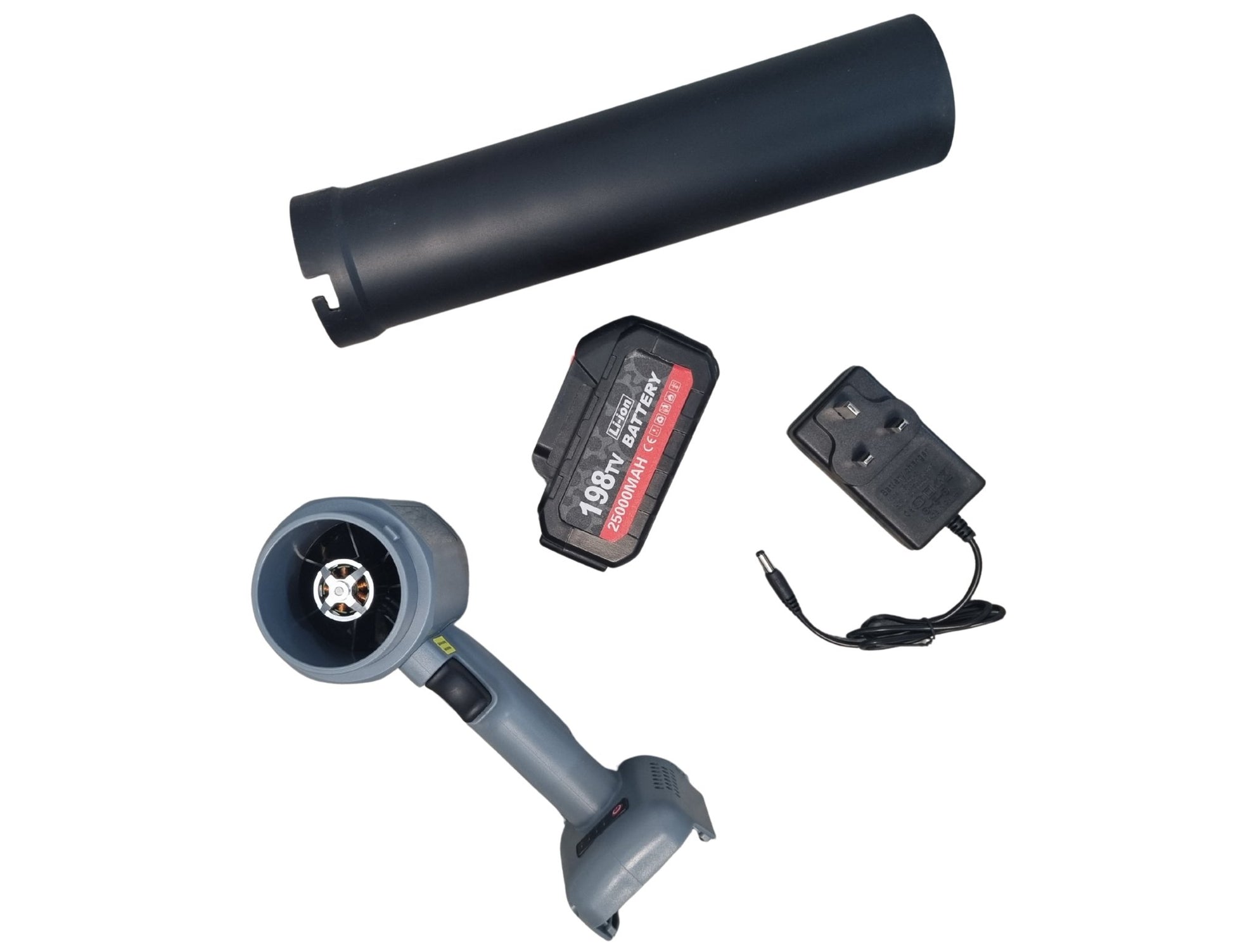 BL Motor Violent Blower Super Turbo Fan with battery pack, and charger on a white background