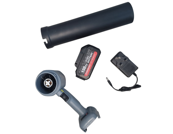 BL Motor Violent Blower Super Turbo Fan with battery pack, and charger on a white background