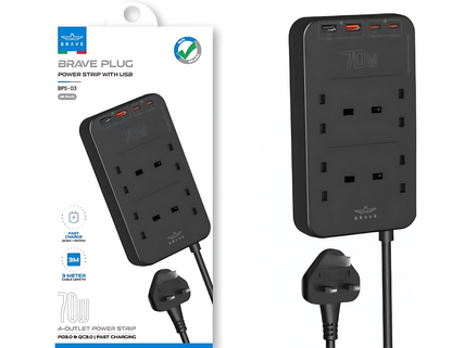 شريط طاقة Brave PLUG مزود بمنفذ USB - 70 وات - 4 منافذ BPS-03