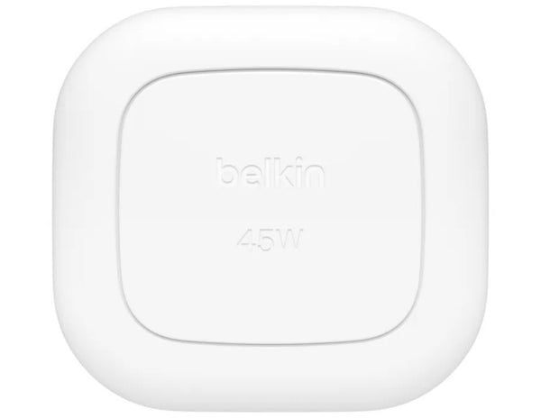 White Belkin power adapter on a white background