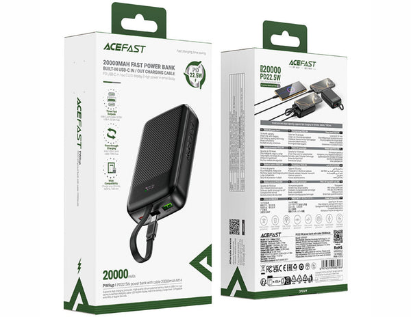 Acefast power bank packaging with product and specifications on a white background