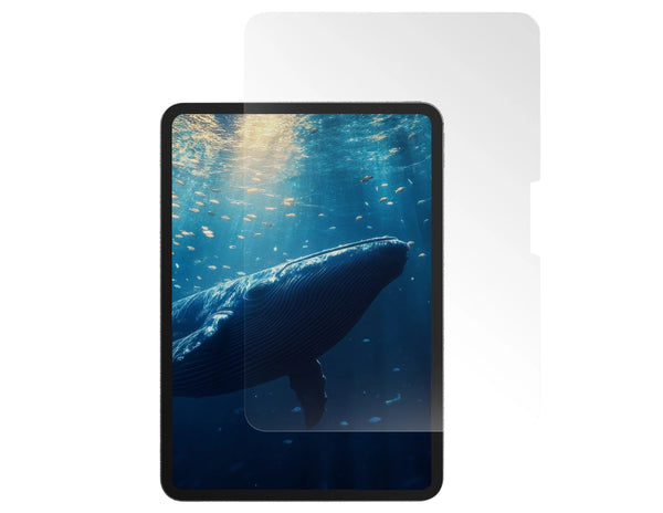 A screen protector for iPad series, featuring a clear appearance with a depiction of a whale in the background, indicating the product's anti-blue light functionality.