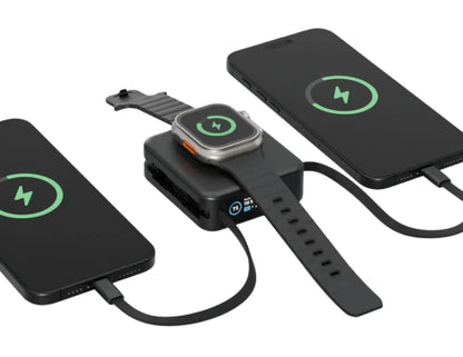 Smartwatch and two smartphones charging With ENERGEA MagPac Mini Plus 10,000mAh PD20W 4-in-1 Qi Magnetic Power Bank MP-MINIPLUS-BLK on a white background