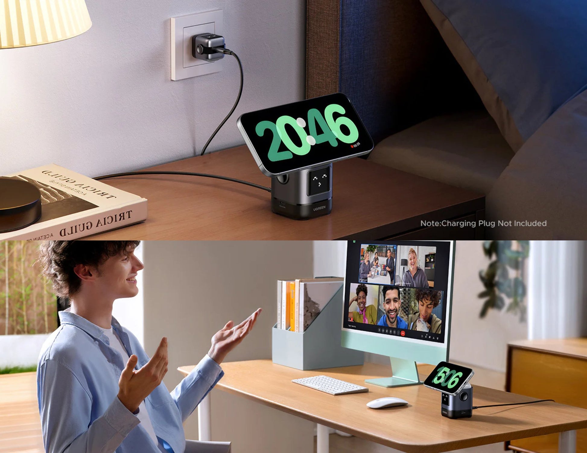 UGREEN Uno 2-in-1 Magnetic Wireless Charging Station – W709 on a desk with a person using a computer in the background.