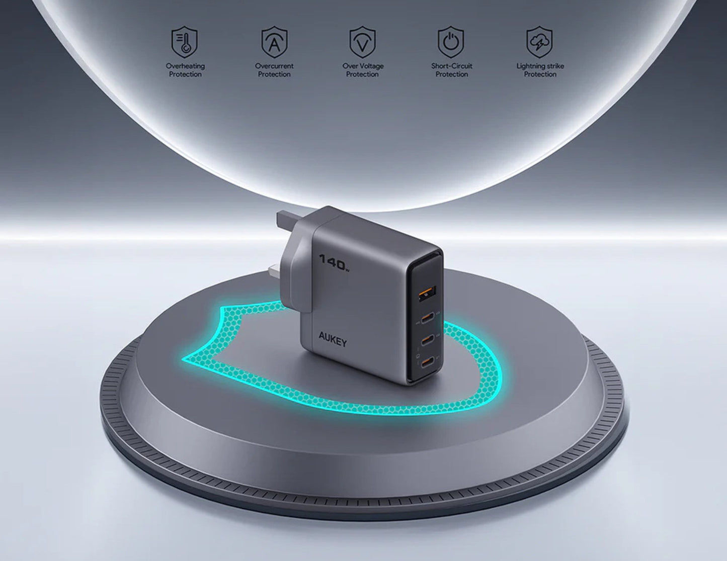 شاحن حائط Aukey Comet Mix 4 بقوة 140 واط PD بأربعة منافذ GaN PA-C6 رمادي
