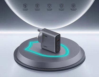 شاحن حائط Aukey Comet Mix 4 بقوة 140 واط PD بأربعة منافذ GaN PA-C6 رمادي