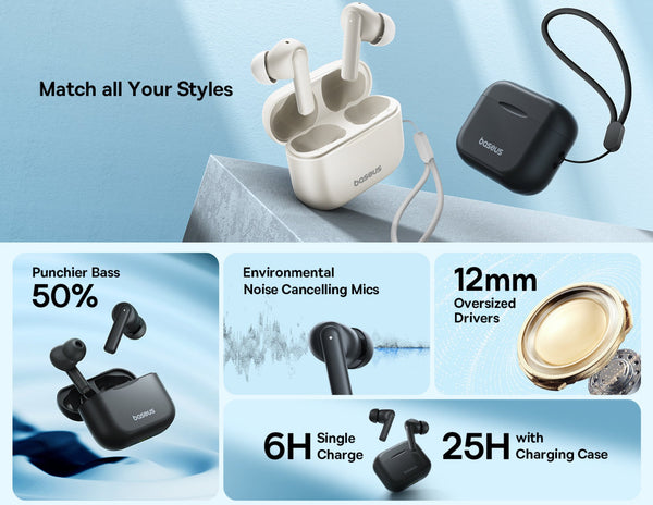 Wireless earbuds with charging case on a blue gradient background, featuring text about features and battery life.
