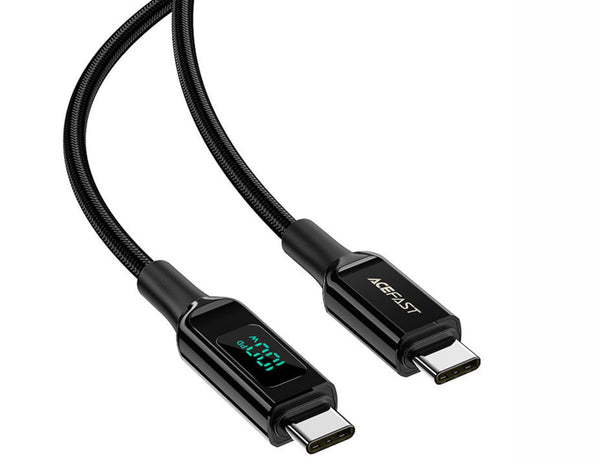 Black USB cable with digital display on a white background