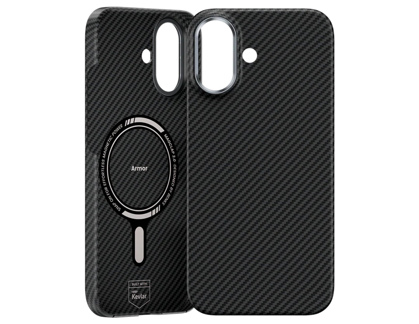 Black carbon fiber pattern Benks ArmorAir 600D Kevlar® Case for iPhone 17 with 'armor' branding on a white background