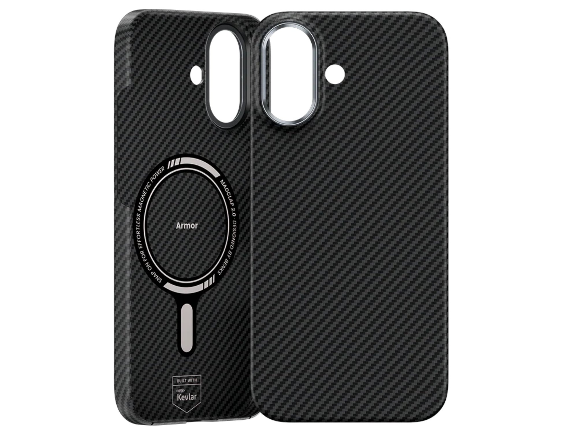 Black carbon fiber pattern Benks ArmorAir 600D Kevlar® Case for iPhone 17 with 'armor' branding on a white background