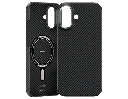 Black carbon fiber pattern Benks ArmorAir 600D Kevlar® Case for iPhone 17 with 'armor' branding on a white background