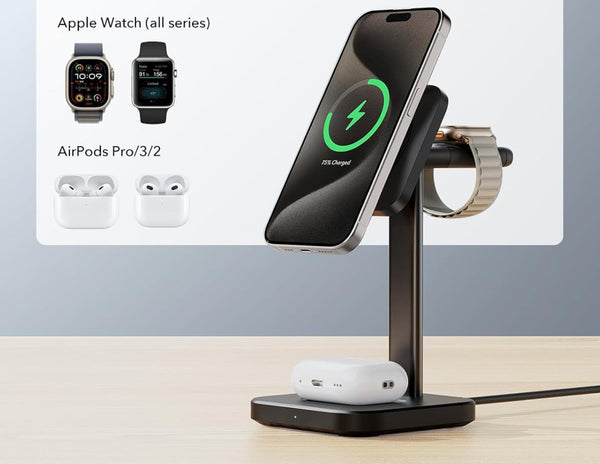 Multi-device charging stand with Apple Watch, AirPods Pro, and a phone on a light background