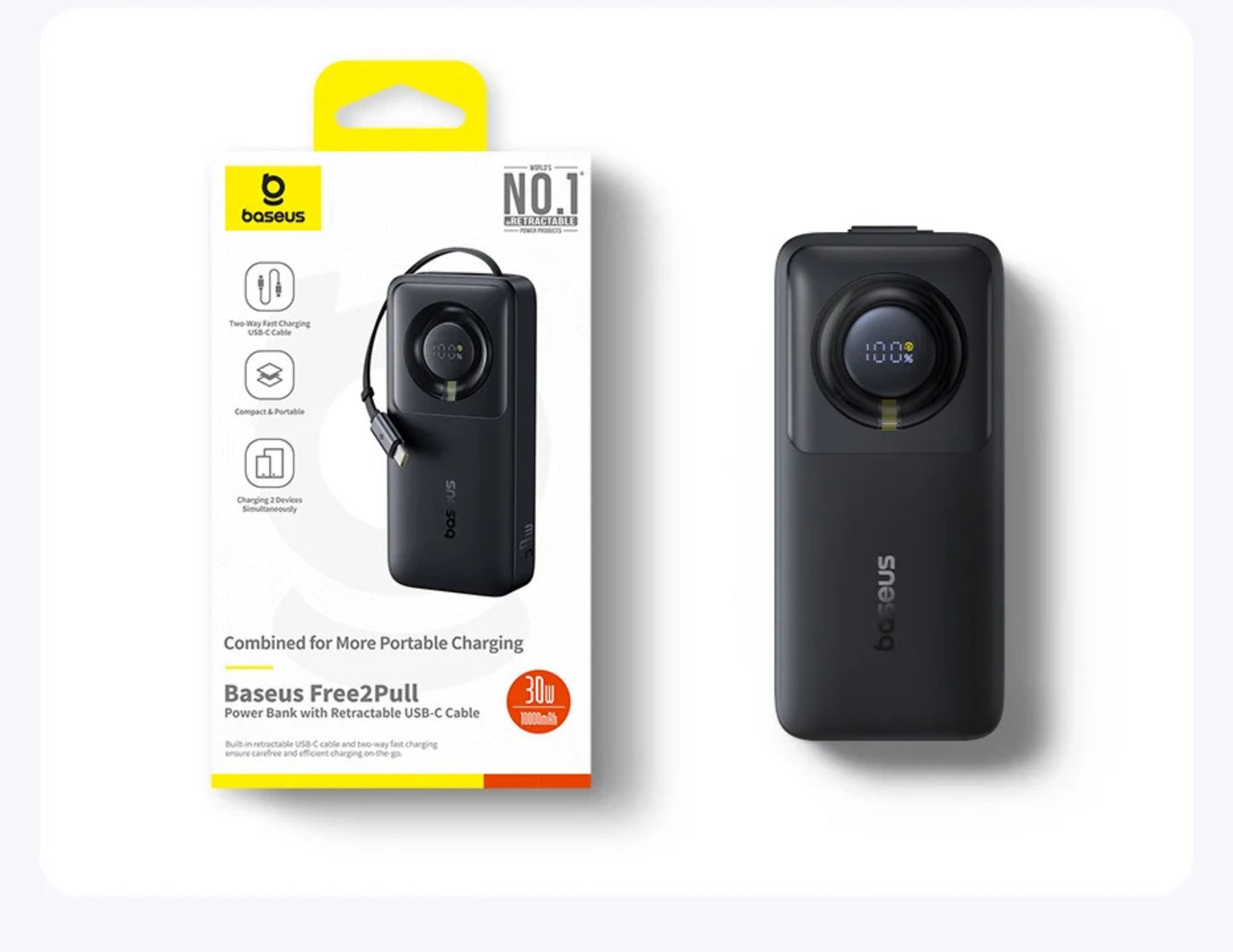 Black power bank with packaging featuring Baseus branding on a white background