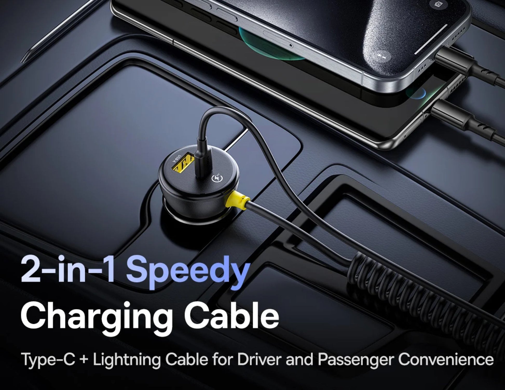 2-in-1 speedy charging cable with smartphone on a dark surface