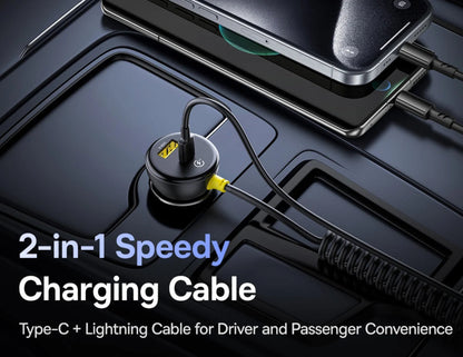 2-in-1 speedy charging cable with smartphone on a dark surface