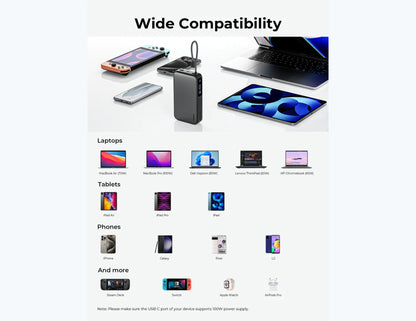 Aukey PB-Y43P Sprint X 130W PD 20000mAh Power Bank – Gray Product compatibility chart with various electronic devices on a white background