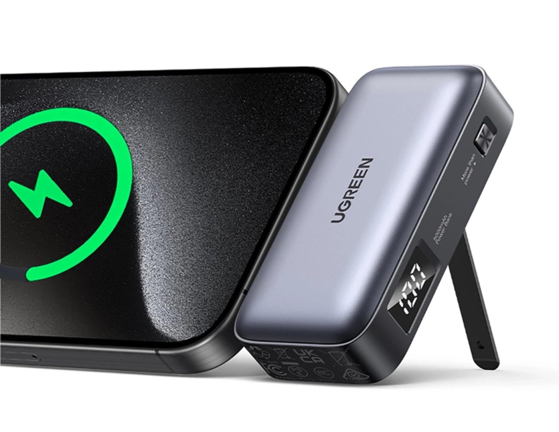 UGREEN Nexode 5000mAh 20W Power Bank with Built-in USB-C Connector – PB503 with smartphone on a white background